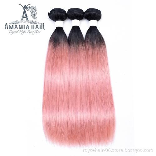 Amanda Ombre color 100% Brazilian Human hair Extensions  Two Tone colored Human Hair bundles with closure T1B Light Pink